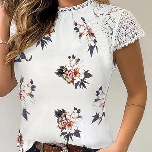 Blooming Floral Print Crochet Lace Detail Blouse